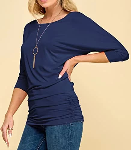 Made By Johnny Women's 3/4 Sleeve Dolman Top | Casual Loose Fit Tunic, Boat Neck, Side Shirring, Soft Stretch Navy thumbnail 3