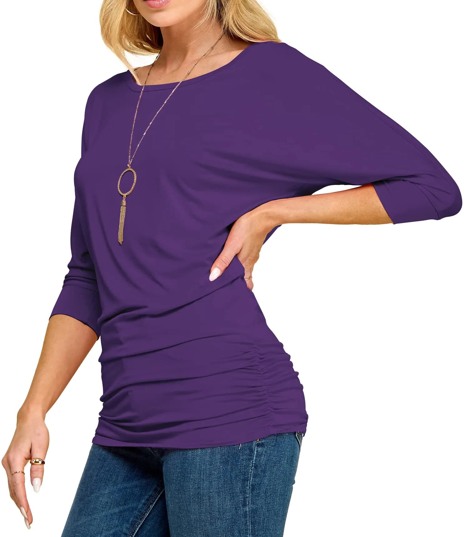 Made By Johnny Womens 3/4 Sleeve Drape Top Large Dark Purple | Casual Oversized Tunic with Drop Shoulders