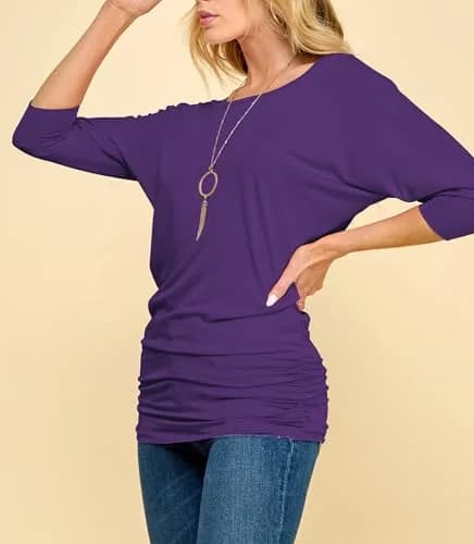 Made By Johnny Womens 3/4 Sleeve Drape Top Large Dark Purple | Casual Oversized Tunic with Drop Shoulders thumbnail 6