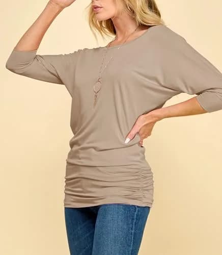 Made By Johnny MBJ WT822 Womens 3/4 Sleeve Drape Top L Taupe | Casual Oversize Tunic for Women thumbnail 6