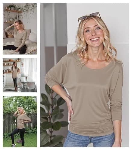Made By Johnny MBJ WT822 Womens 3/4 Sleeve Drape Top L Taupe | Casual Oversize Tunic for Women thumbnail 2