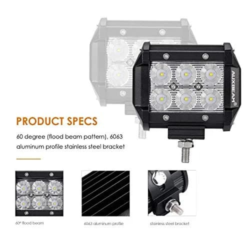 Auxbeam LED Light Bar 4" 18W Flood Beam Off Road Lights | IP67 Waterproof, 1260-1800lm, 6000K, Heavy Duty Aluminum thumbnail 3