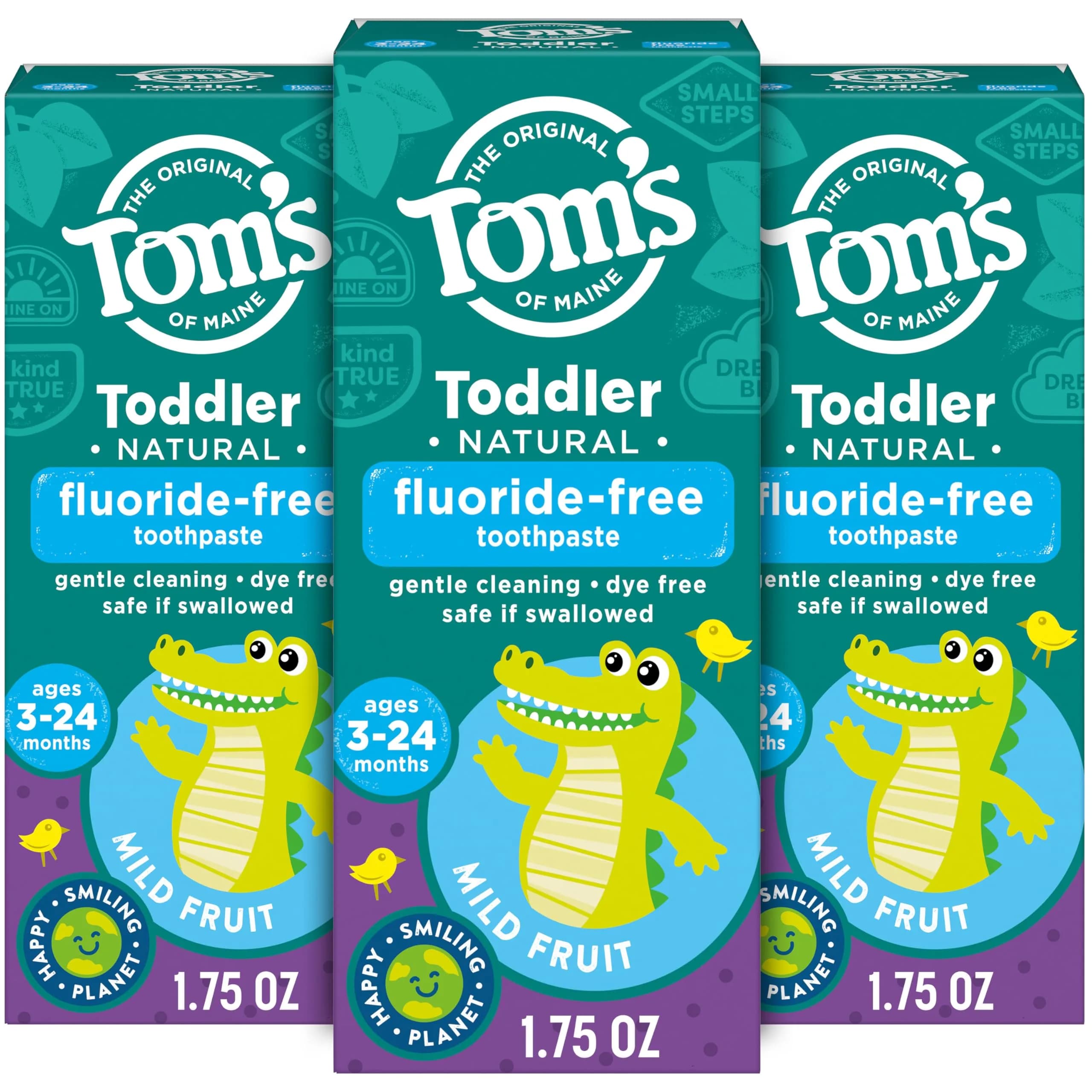 Tom's of Maine Toddler Fluoride-Free Toothpaste Mild Fruit 3 Pack 52.5ml (1.75oz Per Tube) | Gentle Cleaning for Ages 3-24 Months - main product image