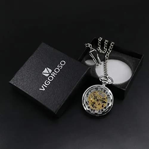 VIGOROSO Mens Classic Steampunk Pocket Watch Gold Skeleton Hand Wind Mechanical Watches in Box | Unique Skeleton Dial, Hand-Wound, 30H Power thumbnail 6