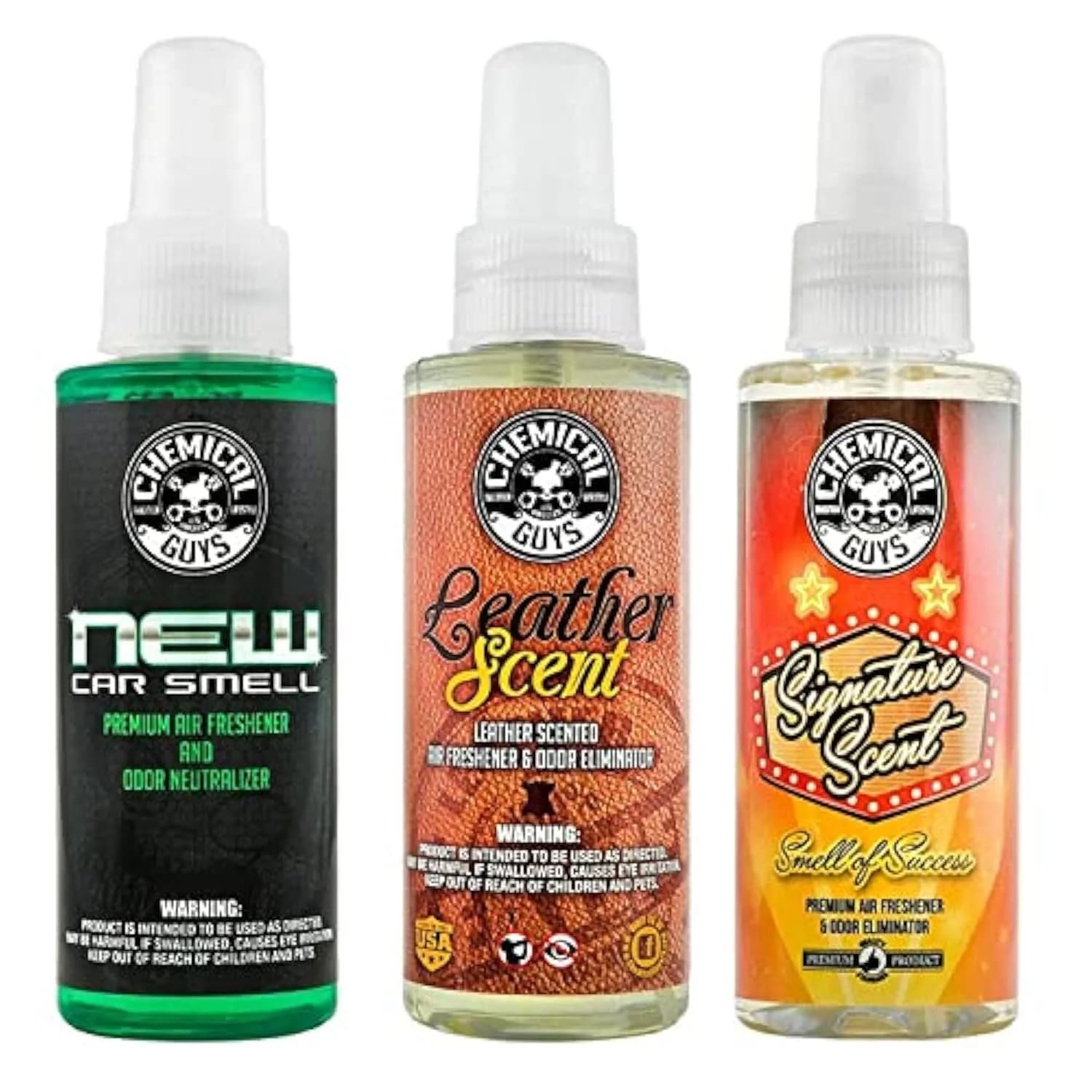 Chemical Guys New Car/Leather/Signature Scent Sample Kit 3 x 4 fl oz (12 fl oz Total) | Odor Eliminator for Cars, Homes - main product image