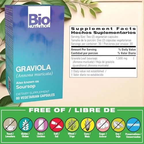 Bio Nutrition Graviola Soursop 60 Vegetarian Capsules Gluten Free Herbal Supplement | Supports Natural Wellness thumbnail 2