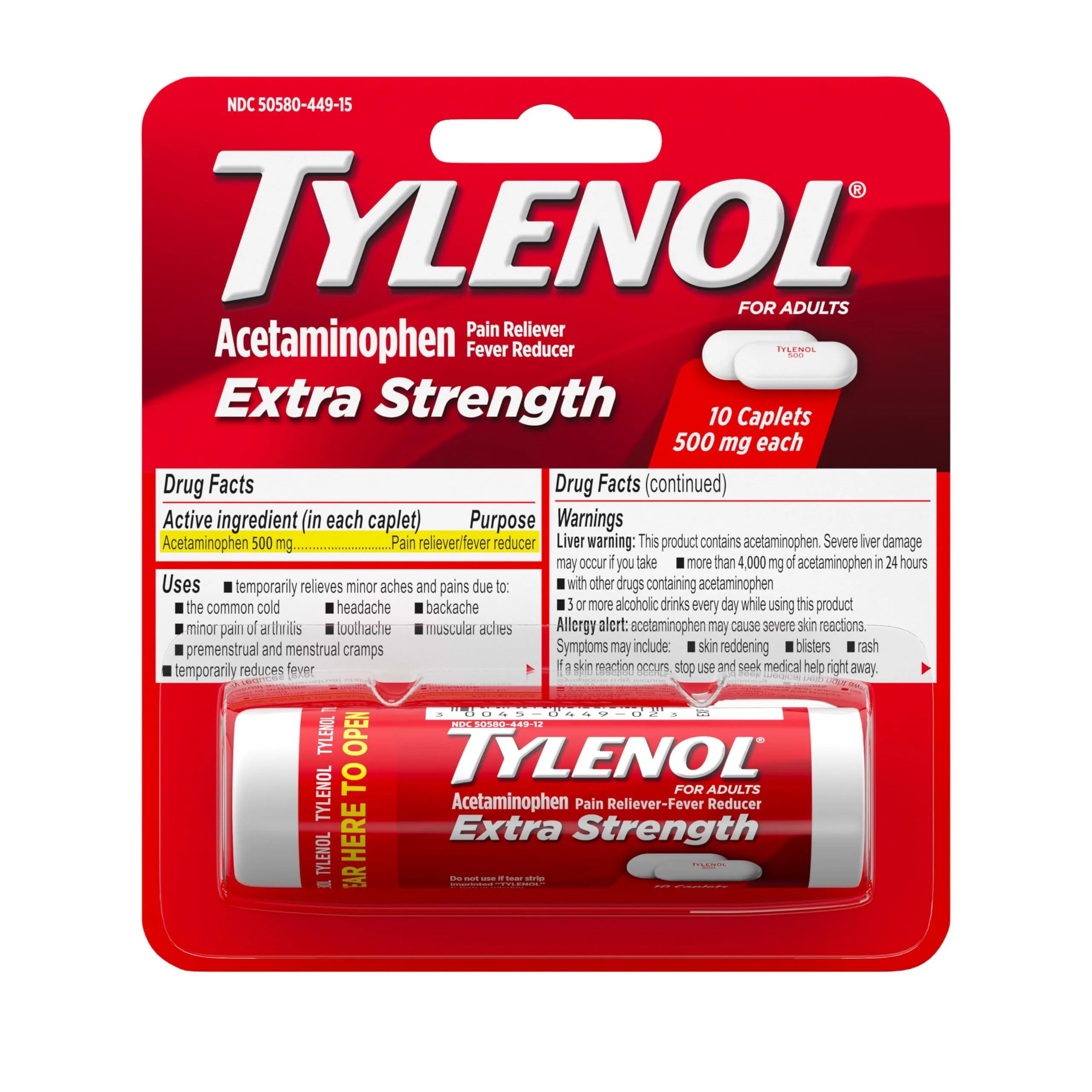 Tylenol Extra Strength Caplets 500 mg Acetaminophen 10 Count | Fast-Acting Pain Relief & Fever Reduction