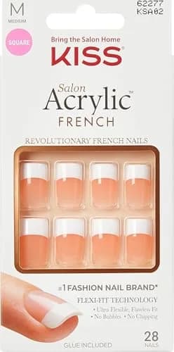 KISS Salon Acrylic French Tip Press On Nails Medium Square 'Sugar Rush' 28 Count | Authentic USA Import thumbnail 1