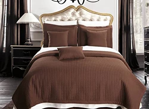 Royal Hotel Checkered Quilted Bedspread Set – 3 Piece Ultra Soft Coverlet, Breathable All-Season Quilt Bedding, Chocolate King Cal-King thumbnail 2
