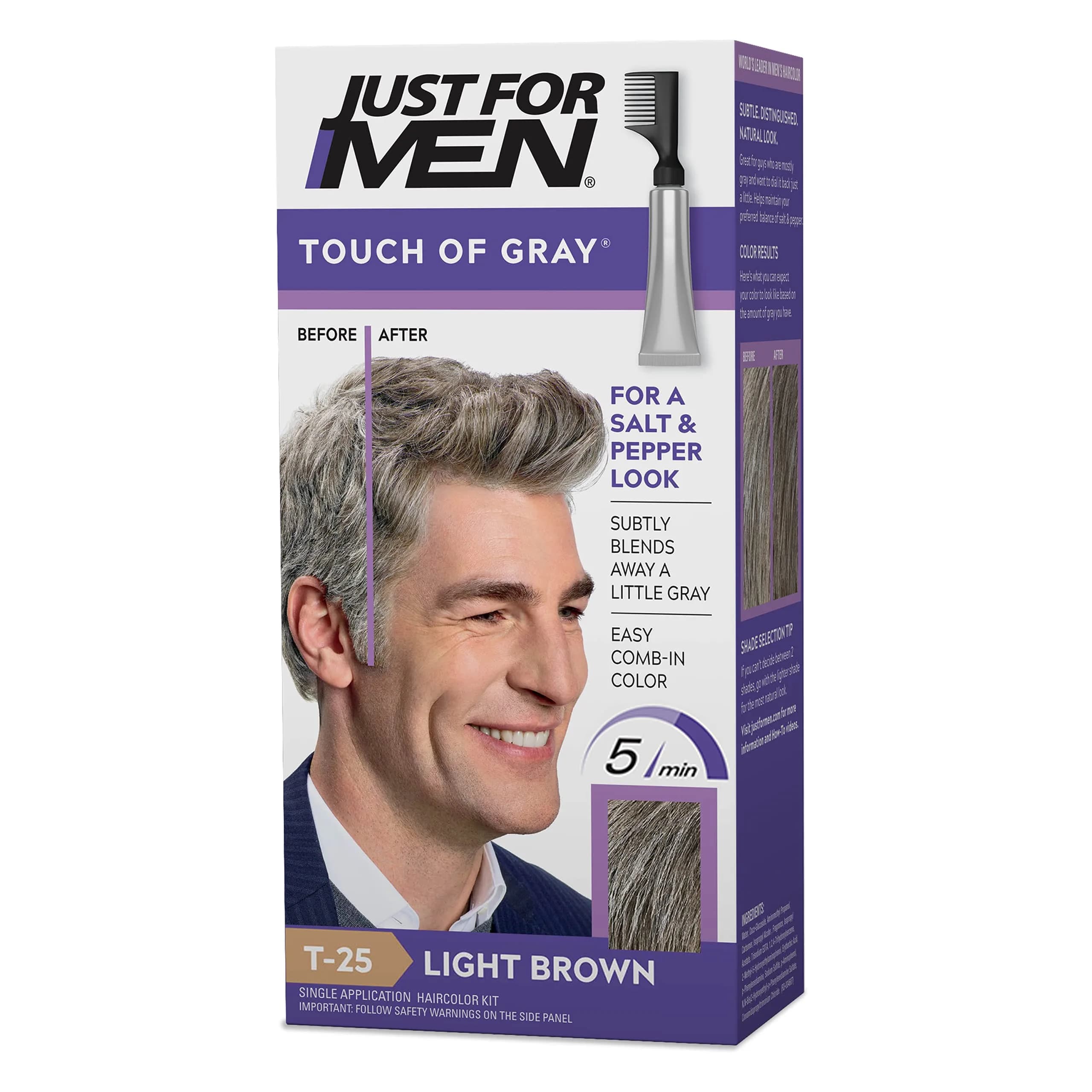 Just for Men Touch of Gray Hair Color, Medium Brown T-35 (1 Pack) | Subtle Gray Blending for Salt & Pepper Look — Light Brown T-25