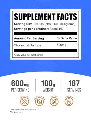 BulkSupplements Choline Bitartrate Powder 100g | Gluten-Free, Unflavored, 600mg per Serving thumbnail 2