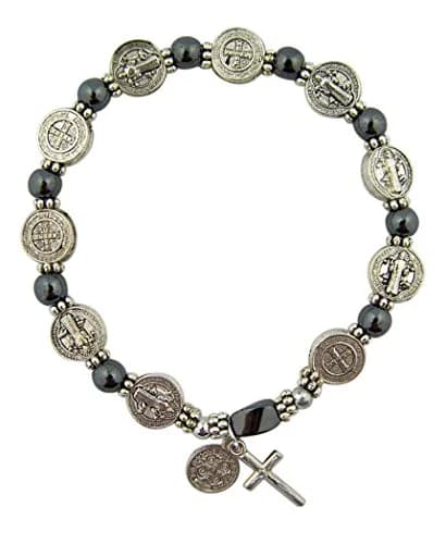 CB Silver Tone Saint Benedict Medal Hematite Bead Rosary Bracelet, 7.5 Inch | Patron of Monks & Against Evil thumbnail 2