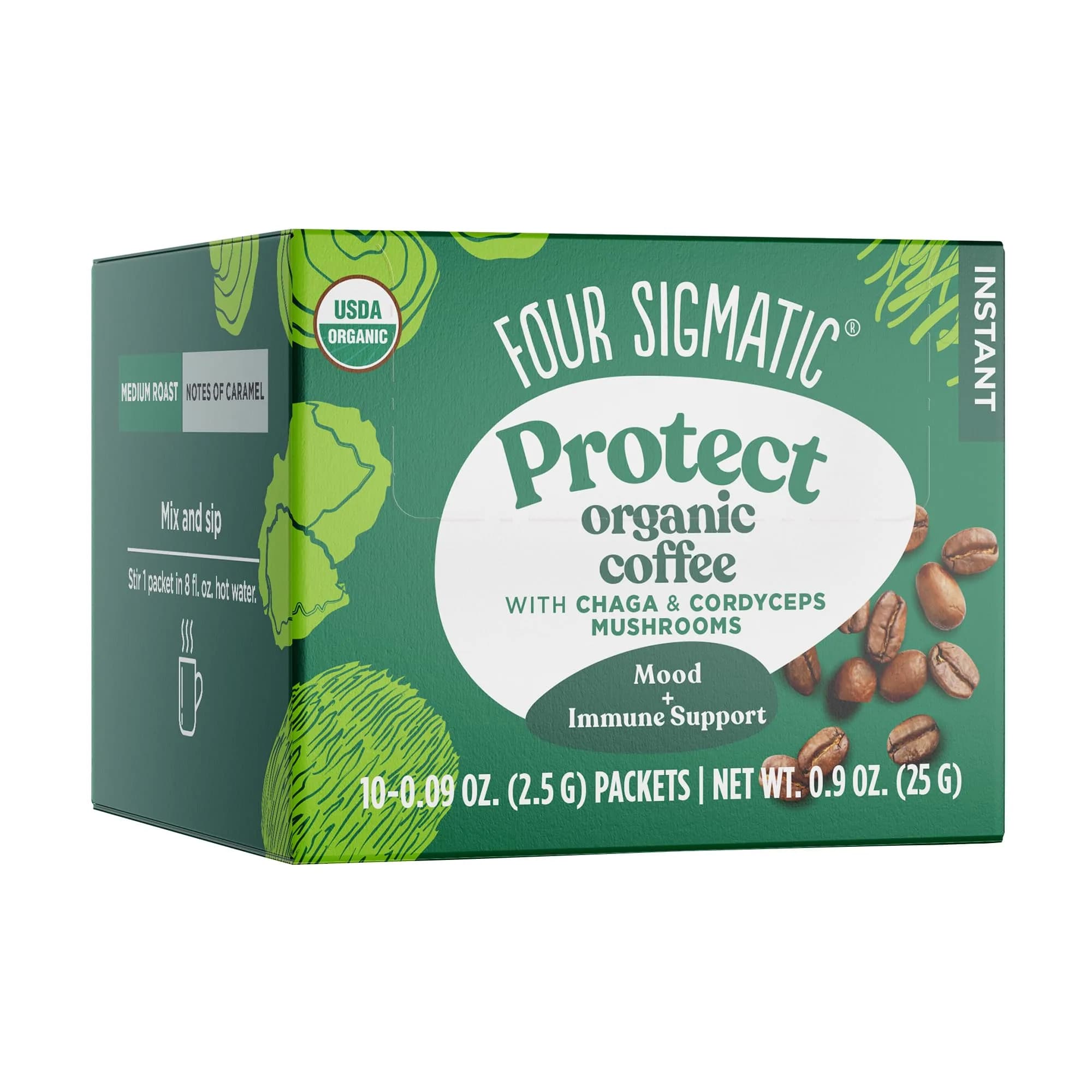 Four Sigmatic Organic Mushroom Coffee Powder | Instant Mix with Cordyceps, Chaga & Eleuthero | 10 Packets (2.5g each) — Protect Instant Coffee (10 Packets)