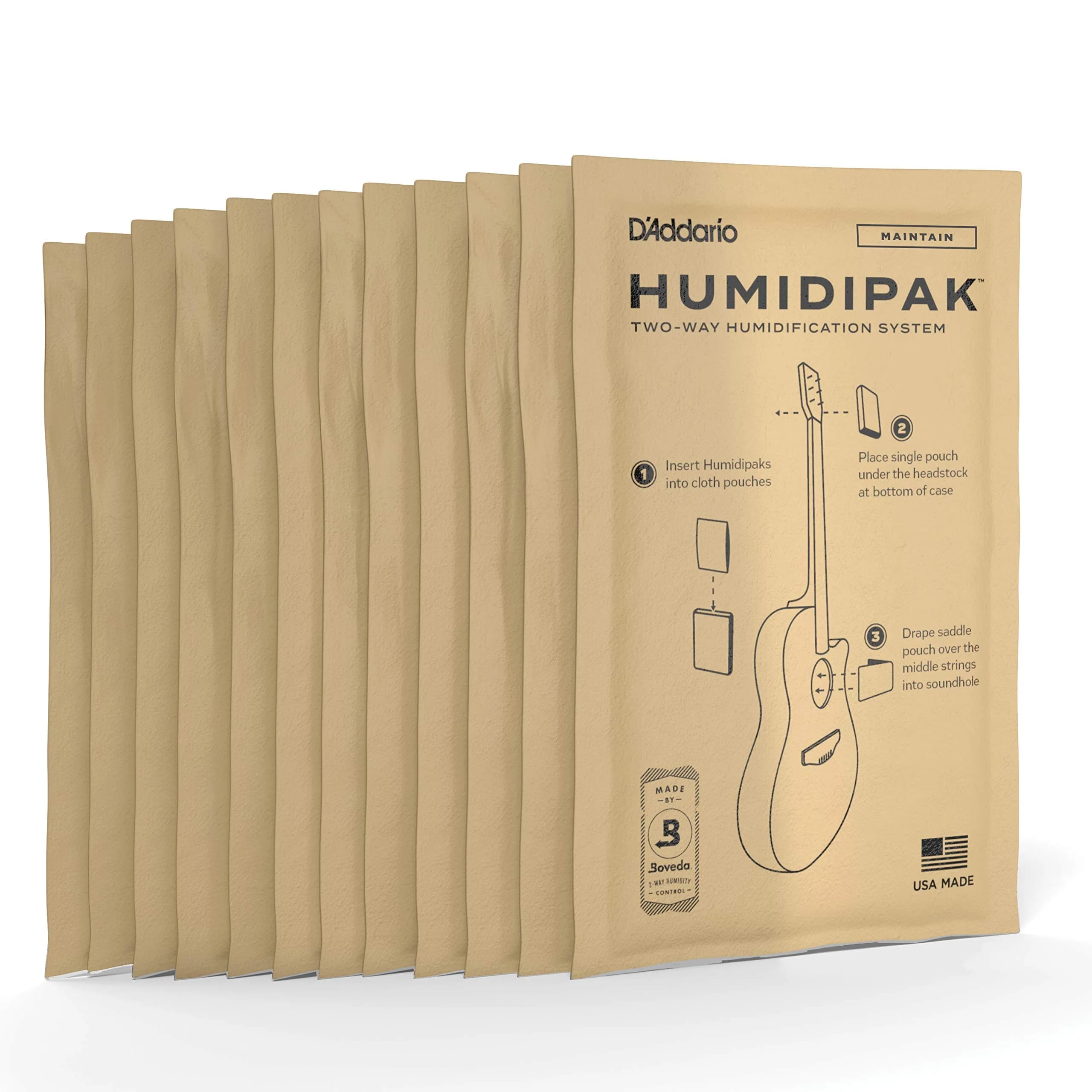 D'Addario Humidipak Guitar Maintain Packets 12-Pack | Automatic Two-Way Humidity Control for Wooden Instruments
