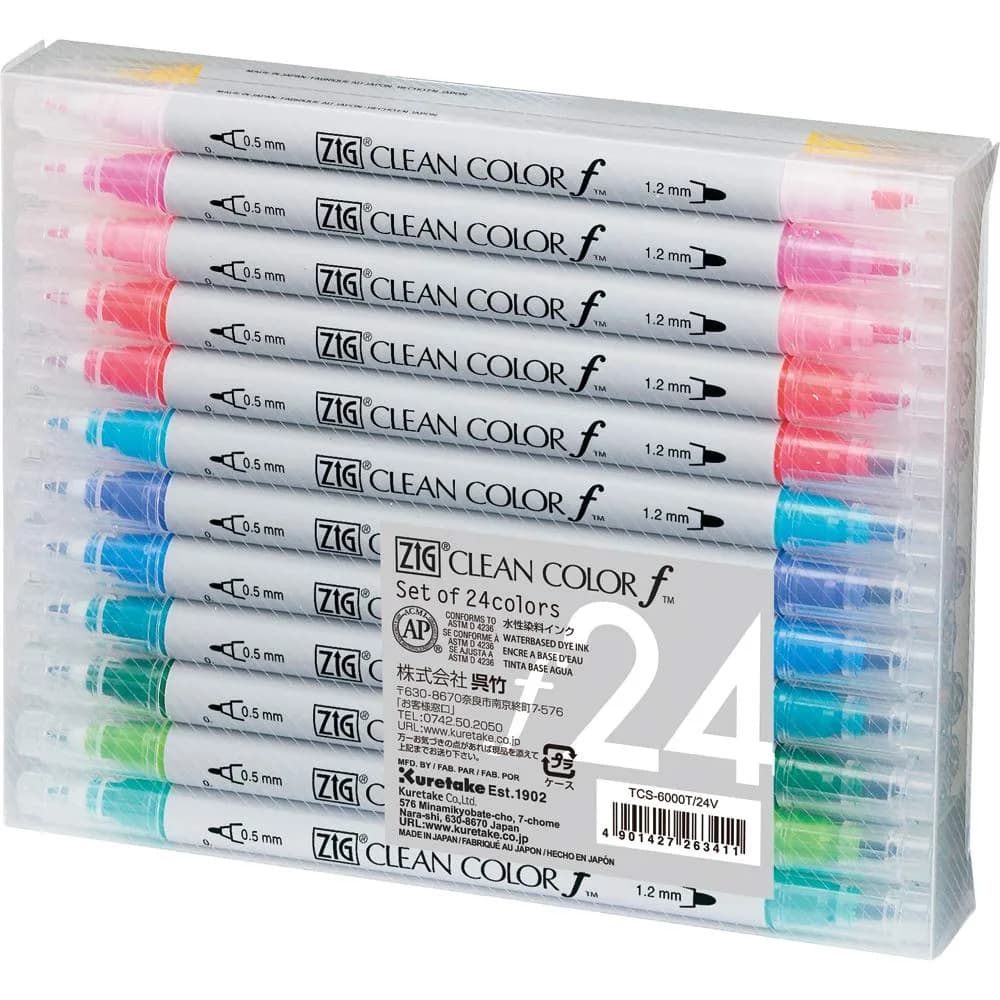 Kuretake ZIG CLEAN COLOR f, 24 Water-Based Twin-Tip Markers | Suitable for Dark Paper & Illustration - main product image