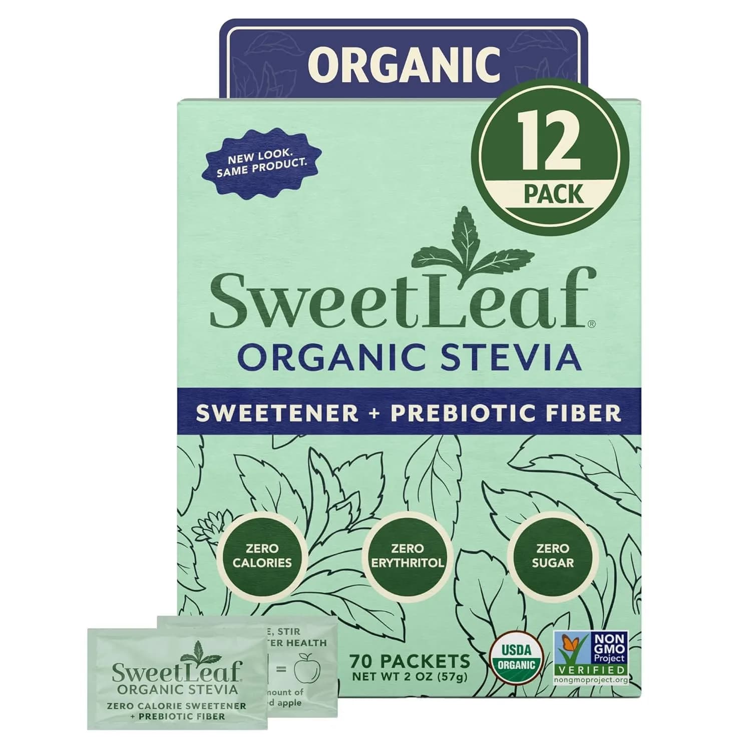 SweetLeaf Organic Stevia Powder Sweetener Sugar Free - 70 Packets (12 Pack) | Zero Calorie, Organic, Keto Friendly — 12-Pack