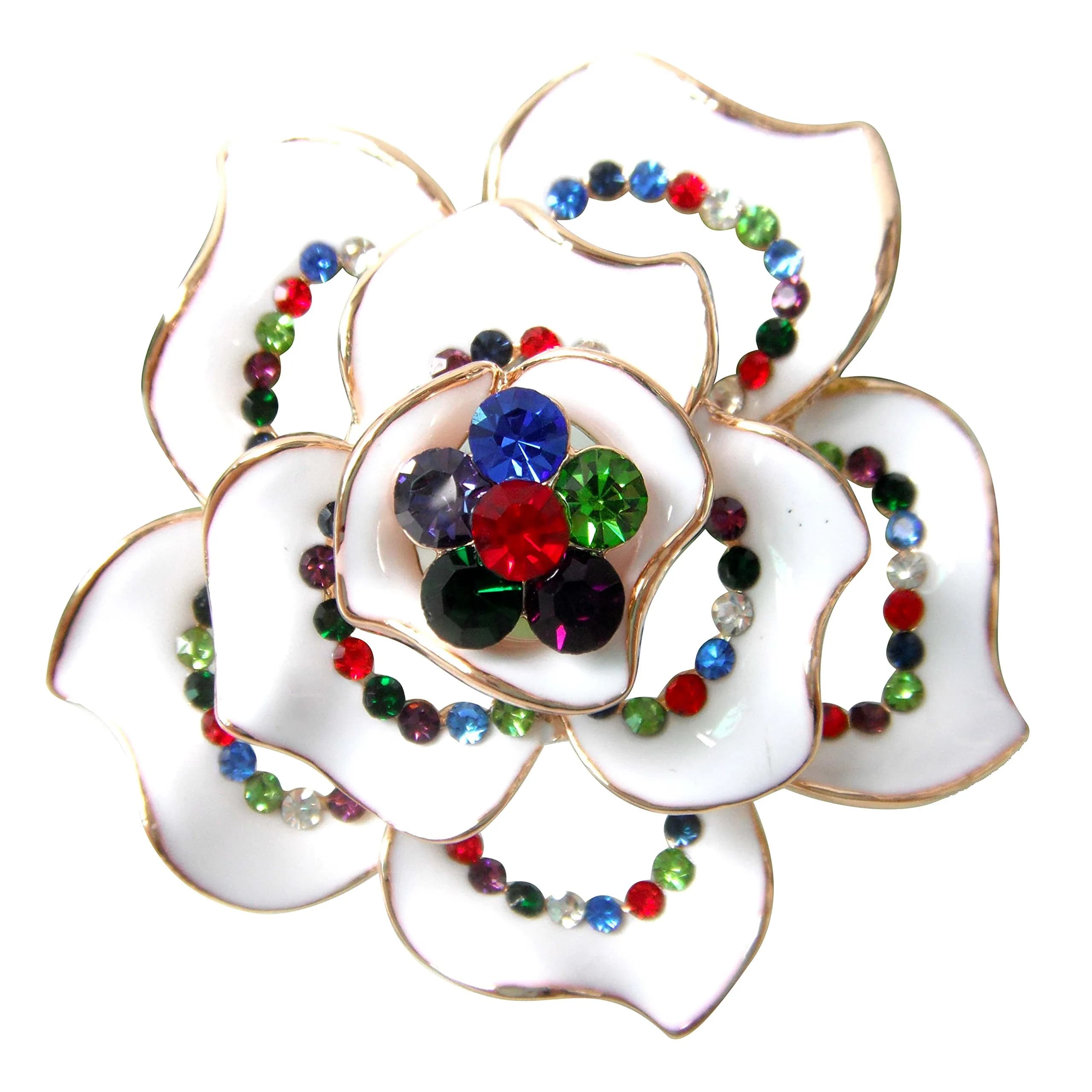 Navachi 18k Gold Plated Multi-color Crystal White Enamel Flower Brooch | Elegant Floral Accessory