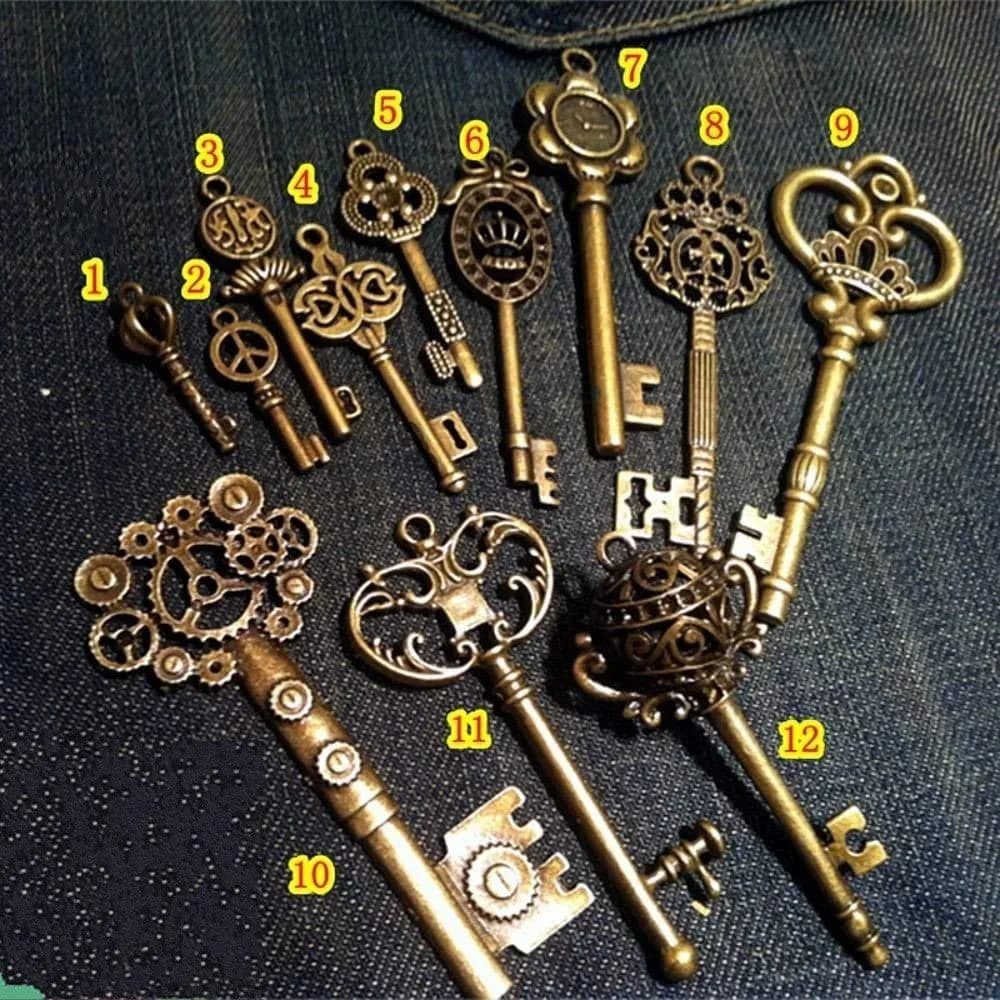 bouti1583 Vintage Skeleton Keys Charm Set Royal Key in Antique Bronze Pack of 12 Keys | 12 Different Styles - main product image