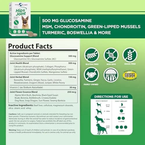 Vital Planet Hip & Joint Supplement for Dogs | Herbal Blend with Glucosamine & MSM (60 Chewable Tabs) thumbnail 2