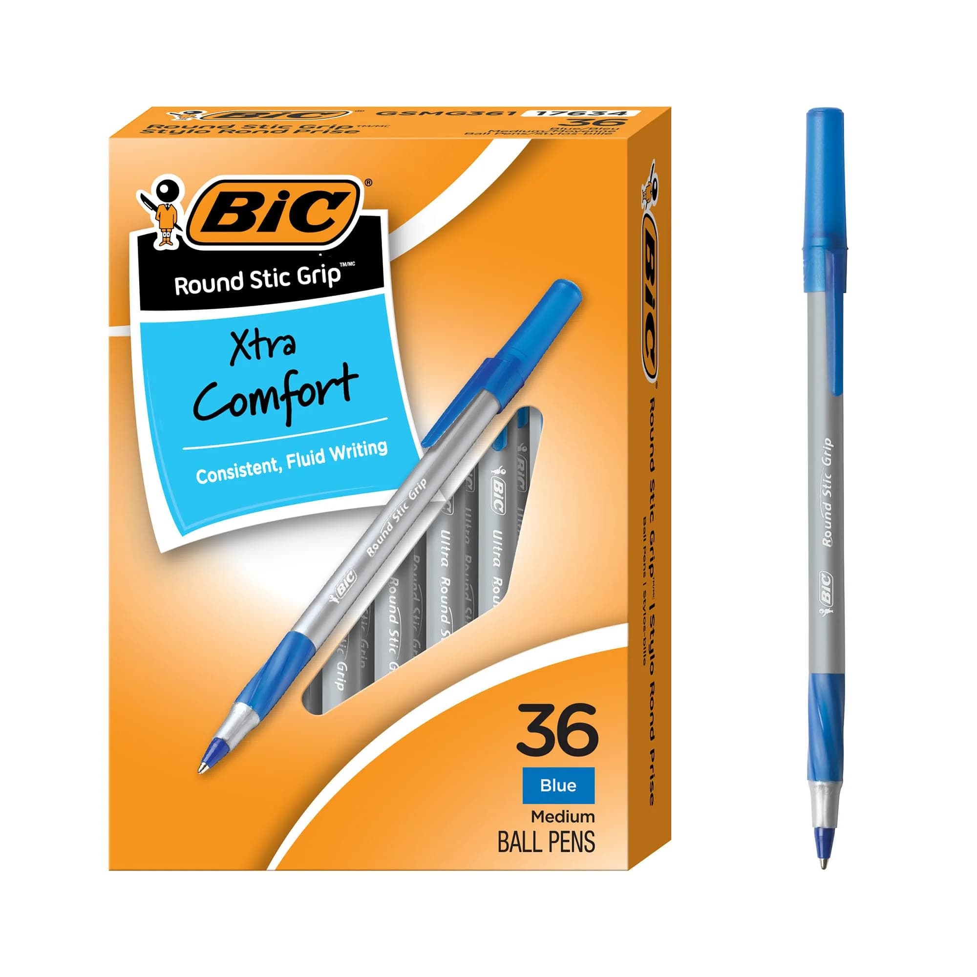 BIC Round Stic Grip Xtra Comfort Ballpoint Pens, Black and Blue Ink, 36-Count | Smooth Ink Flow — Blue