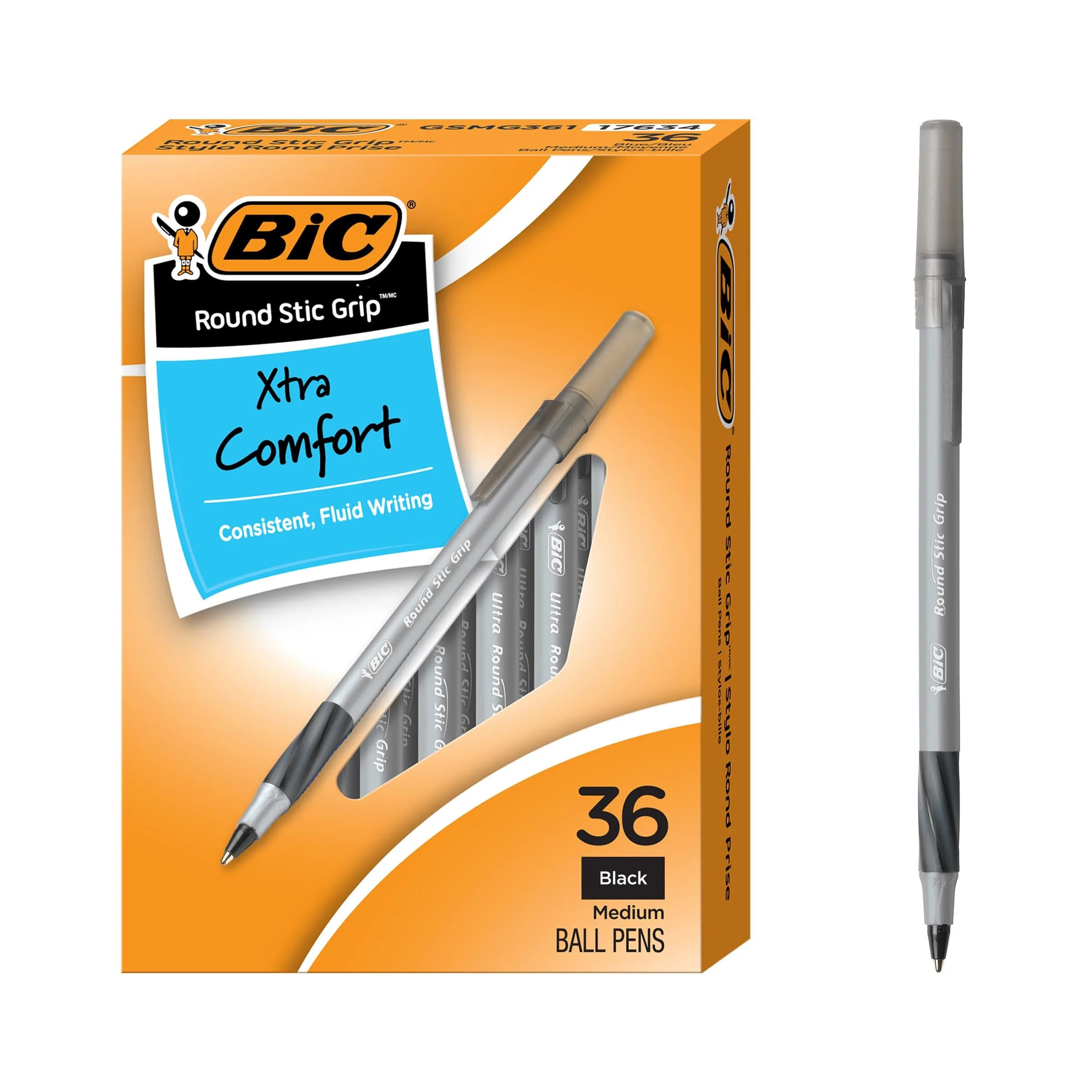 BIC Round Stic Grip Xtra Comfort Ballpoint Pens, Black and Blue Ink, 36-Count | Smooth Ink Flow — Black