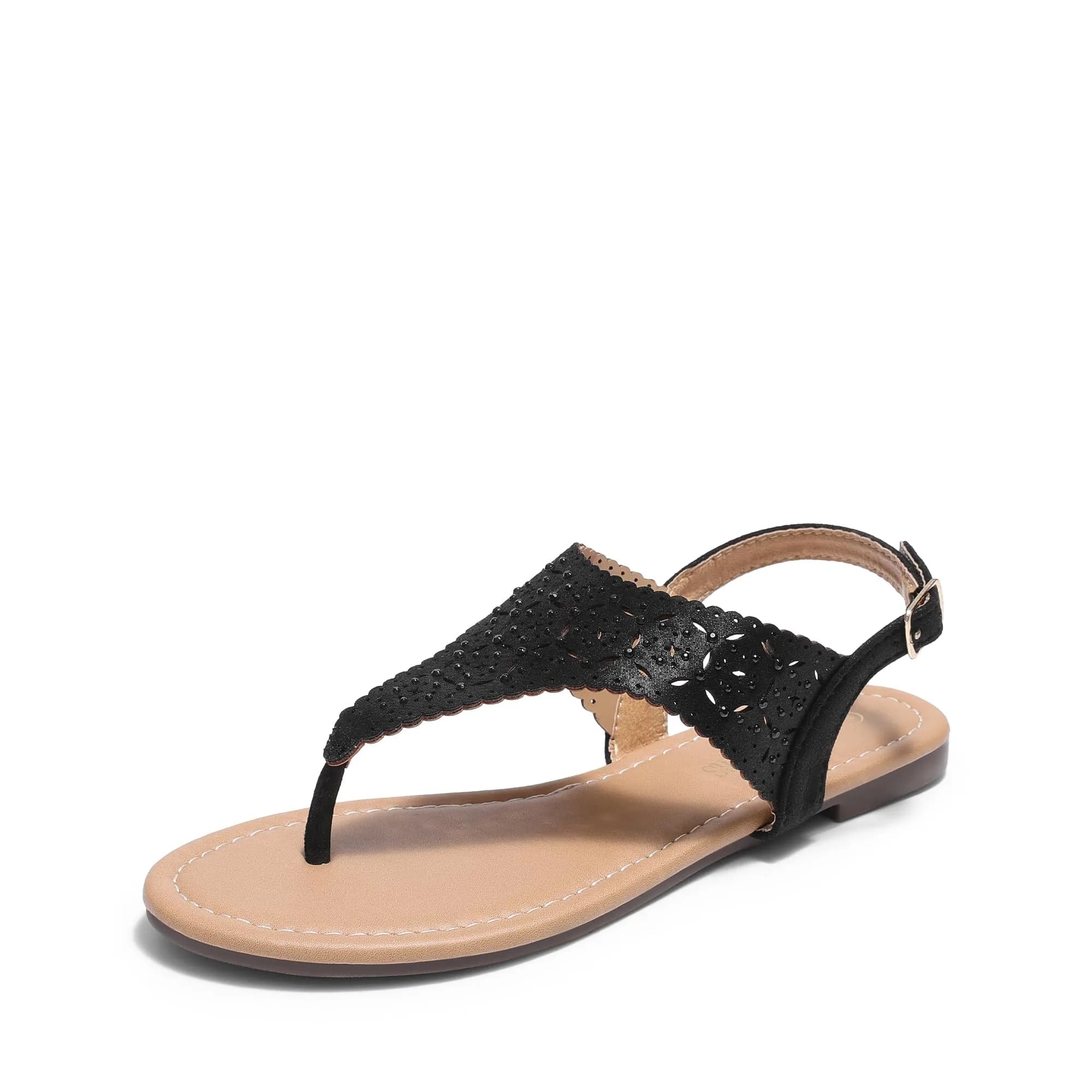 DREAM PAIRS Women's T-Strap Gladiator Flat Sandals,Black,7 | Chic Summer Flat with Rhinestones & Ankle Buckle