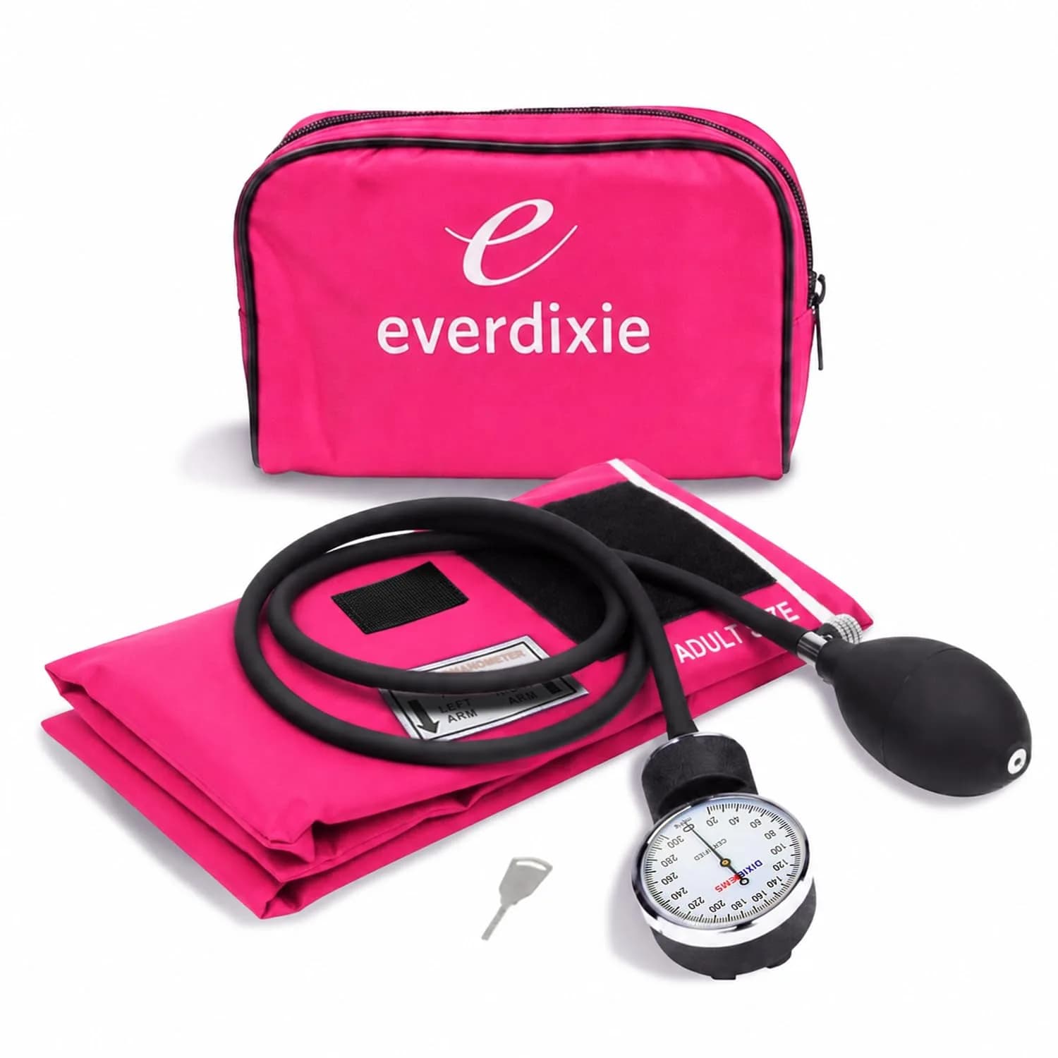 Dixie EMS Deluxe Aneroid Sphygmomanometer Blood Pressure Set with Adult Cuff, Carrying Case & Calibration Tool - Pink | Accurate Manual BP Monitor