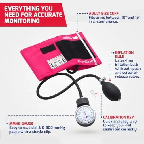 Dixie EMS Deluxe Aneroid Sphygmomanometer Blood Pressure Set with Adult Cuff, Carrying Case & Calibration Tool - Pink | Accurate Manual BP Monitor thumbnail 3