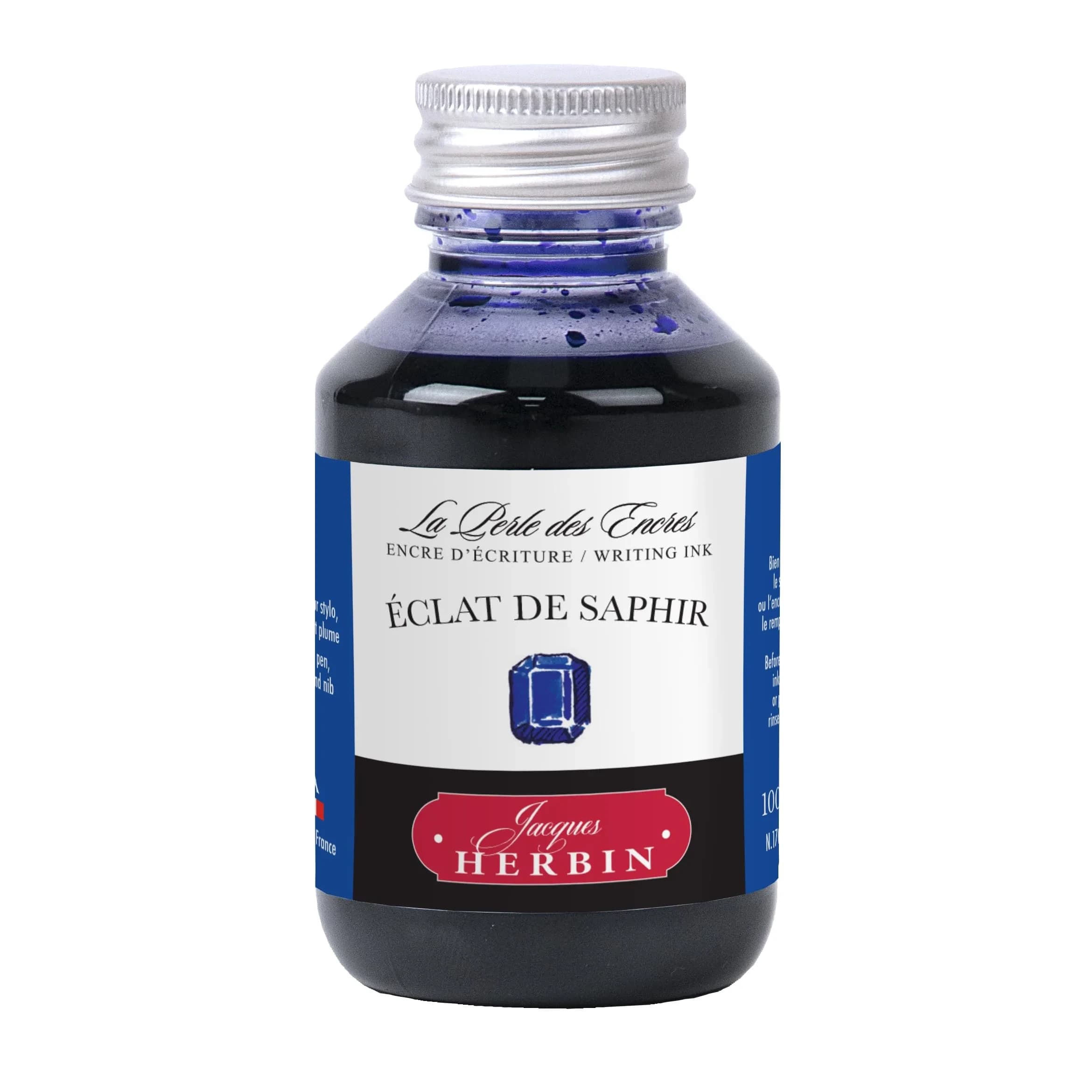 Jacques Herbin Fountain Pen Ink, Eclat De Saphir (Sapphire Blue), 100ml (3.4 fl oz) | Smooth Flow, Fast Drying - main product image
