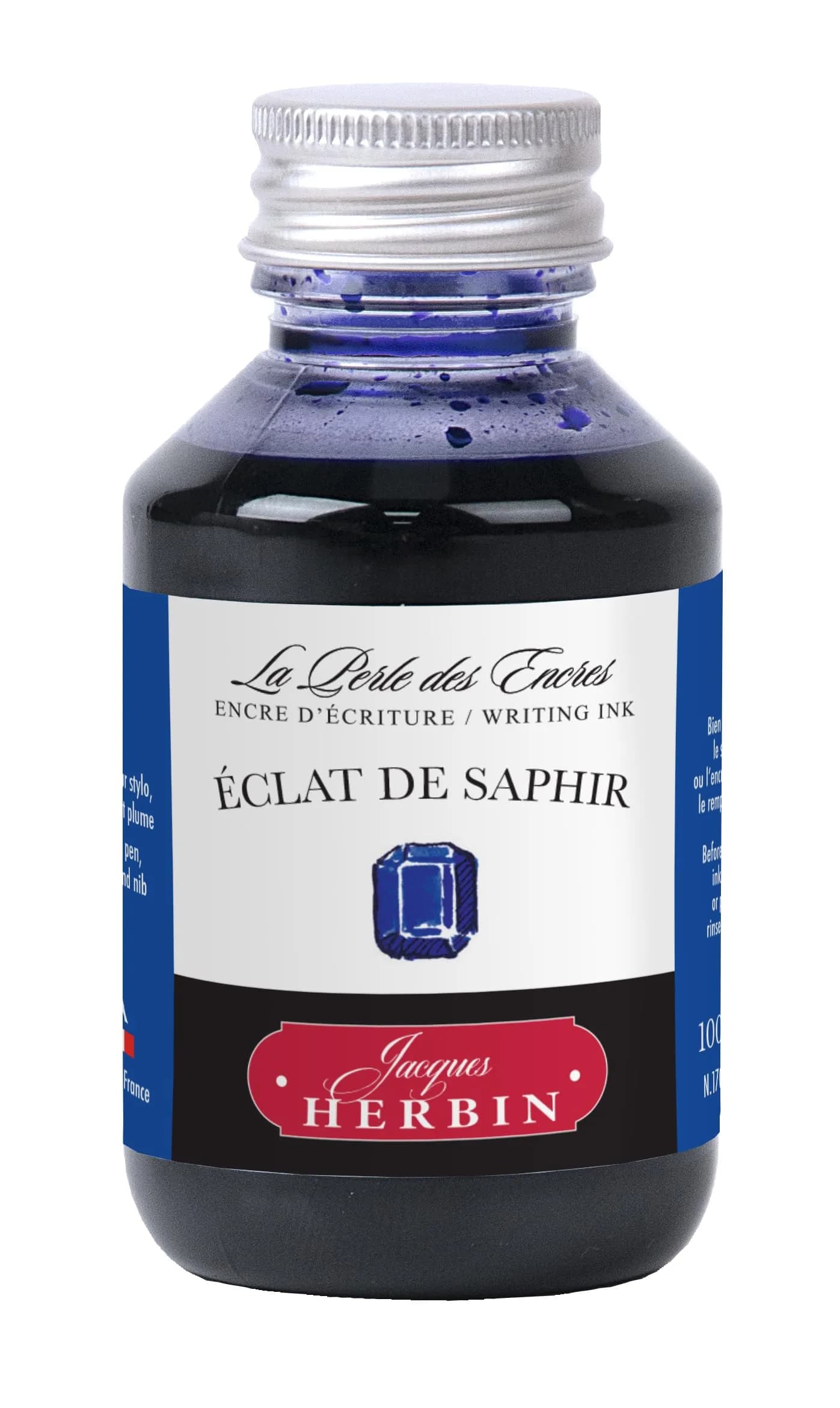 Jacques Herbin Fountain Pen Ink, Eclat De Saphir (Sapphire Blue), 100ml (3.4 fl oz) | Smooth Flow, Fast Drying — Eclat De Saphir