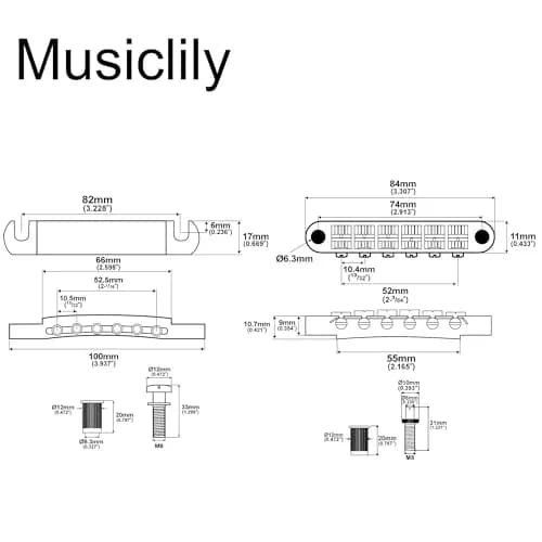 Musiclily Basic 52mm Bridge 52.5mm Tailpiece ABR-1 Tune-o-matic Set Gold | Fits Epiphone Les Paul/SG thumbnail 2