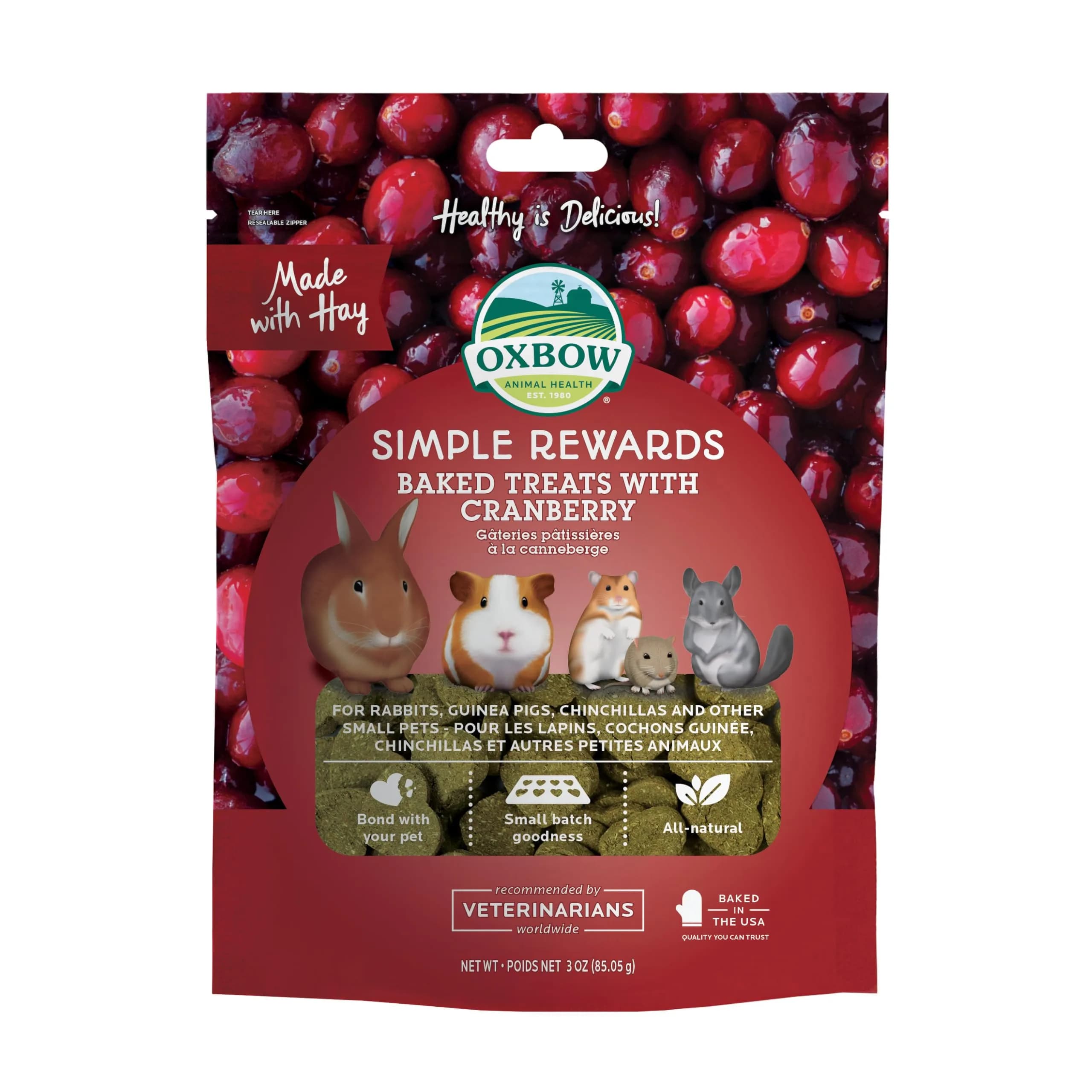Oxbow Simple Rewards Guinea Pig & Rabbit Treats, Cranberry, Baked, 3 oz | All-Natural Small Animal Snack