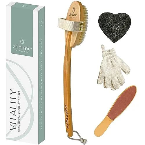 ZEN ME Skin Cleaning Brush Set | Natural Exfoliation Kit with Boar Bristle, Gloves, Konjac Sponge & Foot File for Lymphatic Drainage thumbnail 1