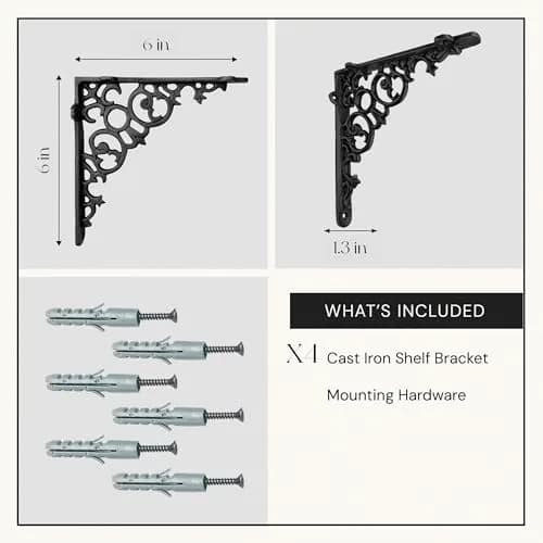 NACH Decorative Shelf Brackets 6 x 1.3 x 6 inch | Heavy Duty Cast Iron Victorian Shelf Support thumbnail 6