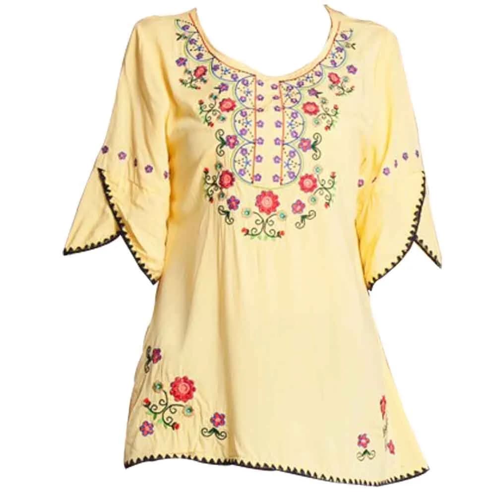 Ashir Aley Girls Embroidered Peasant Top Medium Yellow | Boho Mexican Blouse for Summer
