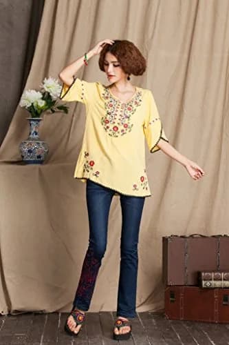 Ashir Aley Girls Embroidered Peasant Top Medium Yellow | Boho Mexican Blouse for Summer thumbnail 4