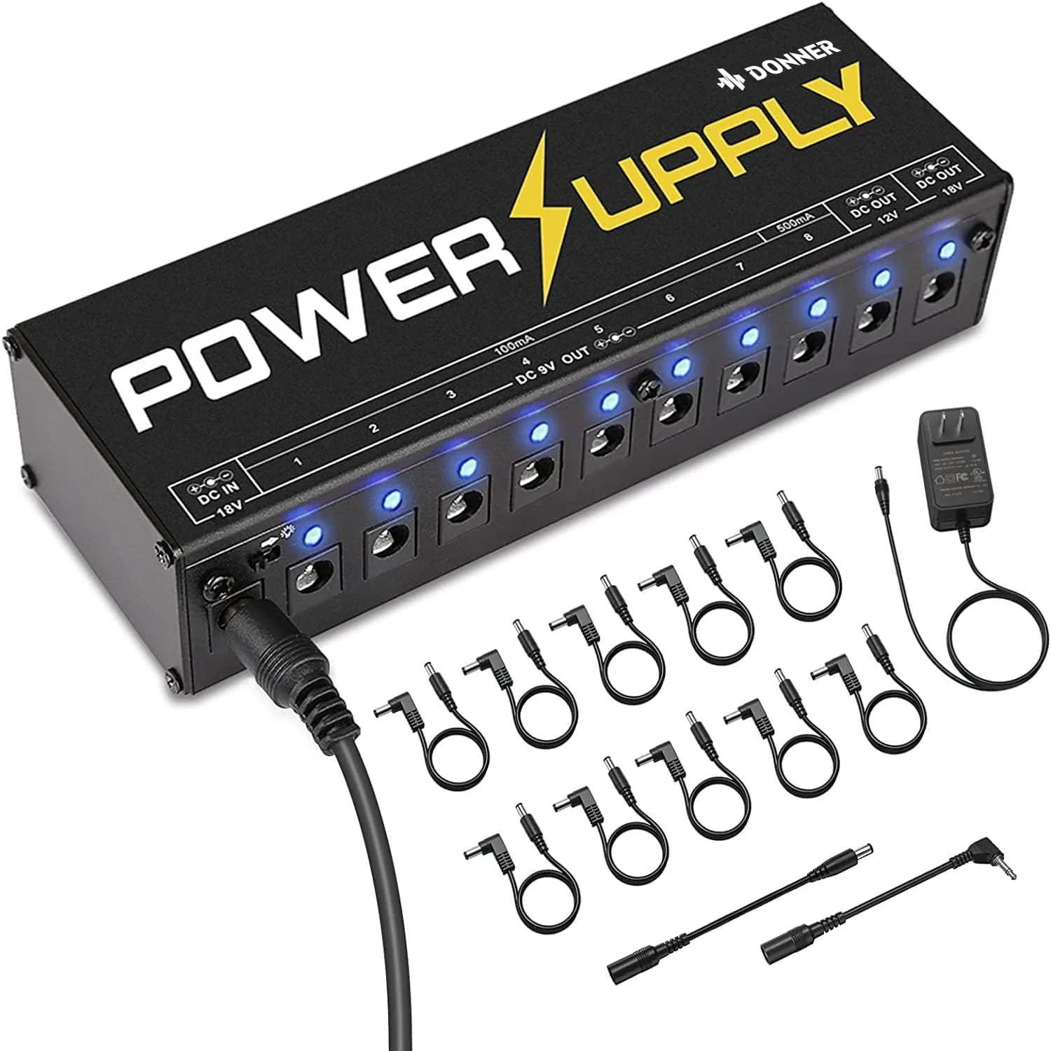 Donner DP-1 Guitar Power Supply 10 Isolated DC Outputs for 9V/12V/18V Effect Pedals | Powers 10 Pedals with Short-Circuit Protection - main product image