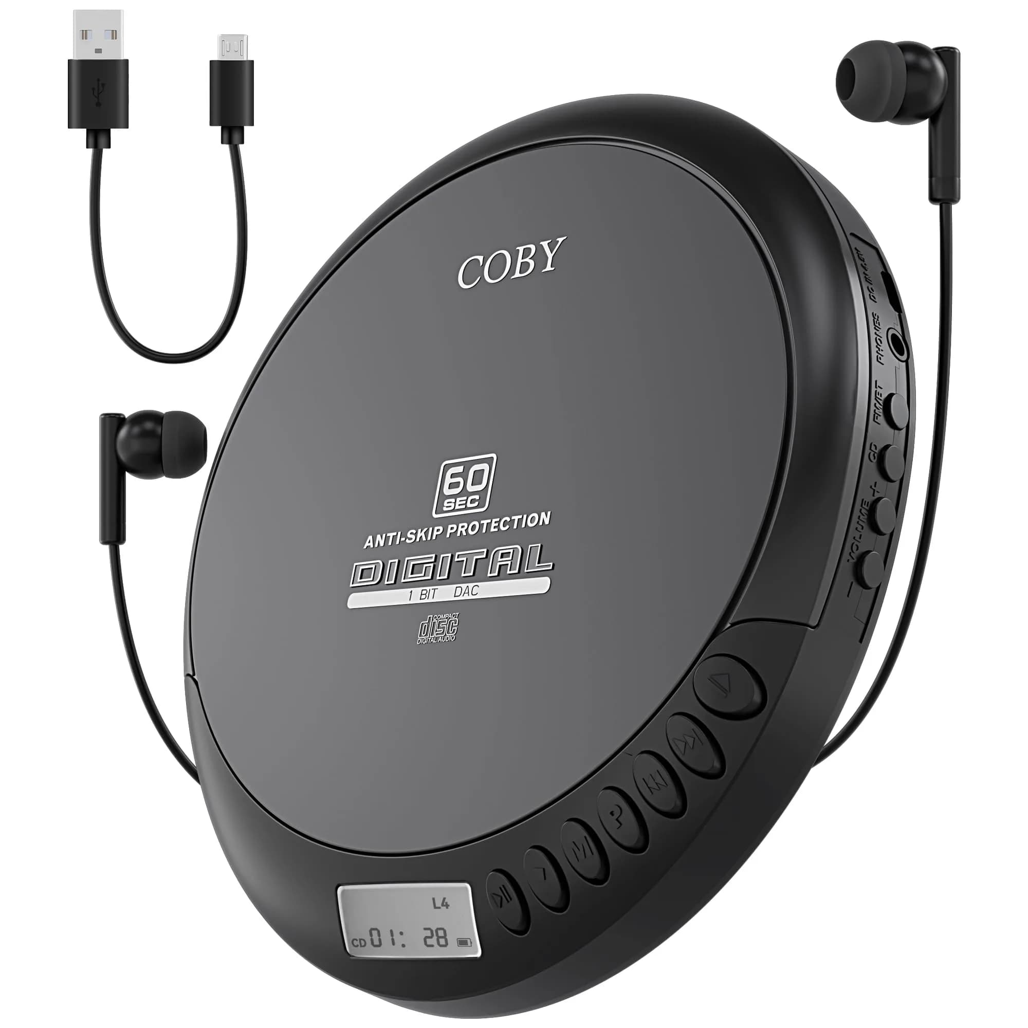 Coby Portable CD Player CD191BLK with FM Radio, 60-Second Anti-Skip, USB & AA Power, 3.5mm Jack | Plays CD, CD-R, CD-RW, MP3 Discs
