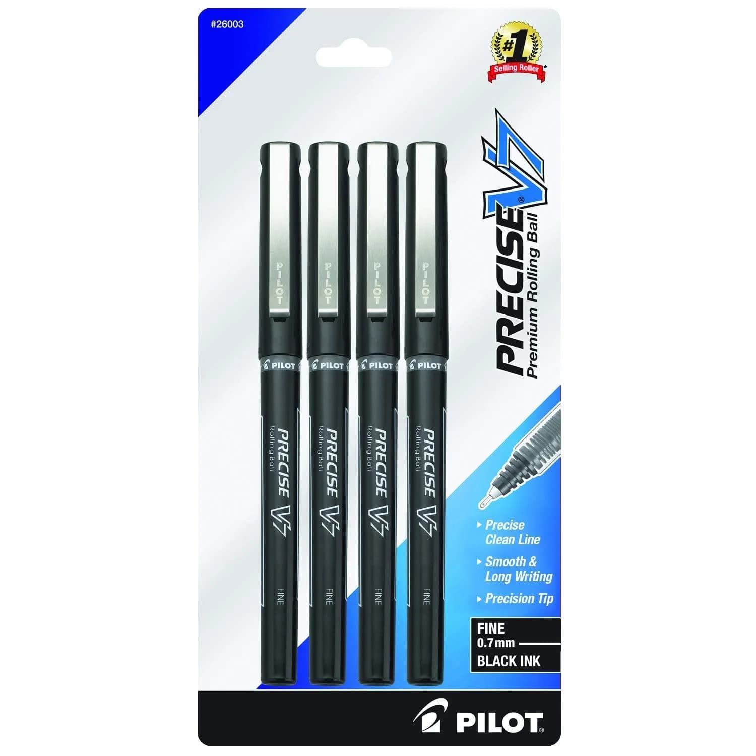 Pilot Precise V7 Fine Point 0.7 mm Black Ink Pens | Smooth Liquid Ink, Precise Lines, Pack of 4
