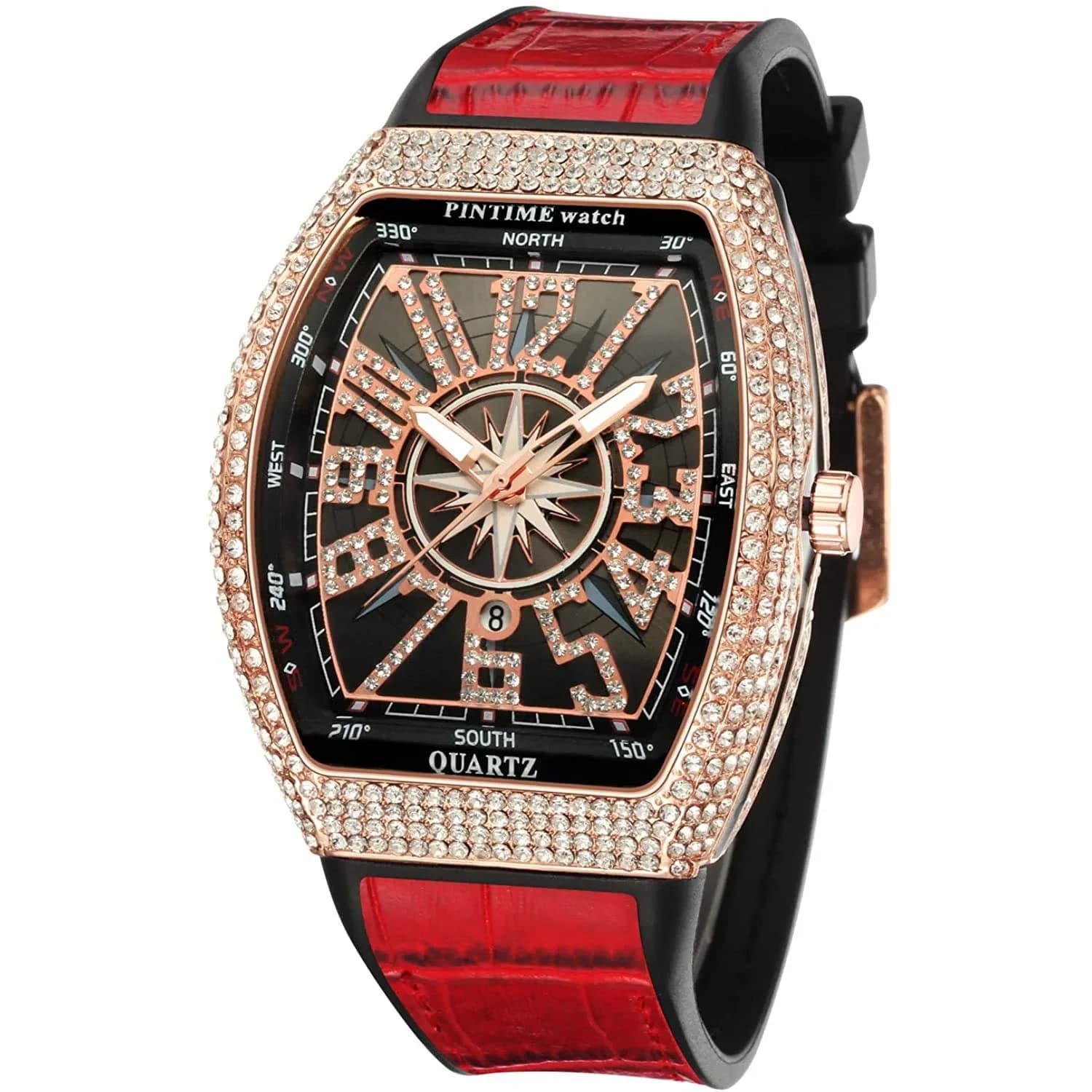 FANMIS Men's Rectangle Skull Watch 47mm (Rose Red) | Bling Diamond Dial Quartz - main product image