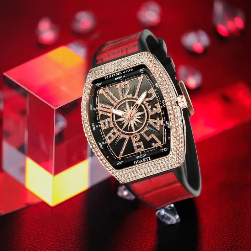 FANMIS Men's Rectangle Skull Watch 47mm (Rose Red) | Bling Diamond Dial Quartz thumbnail 7