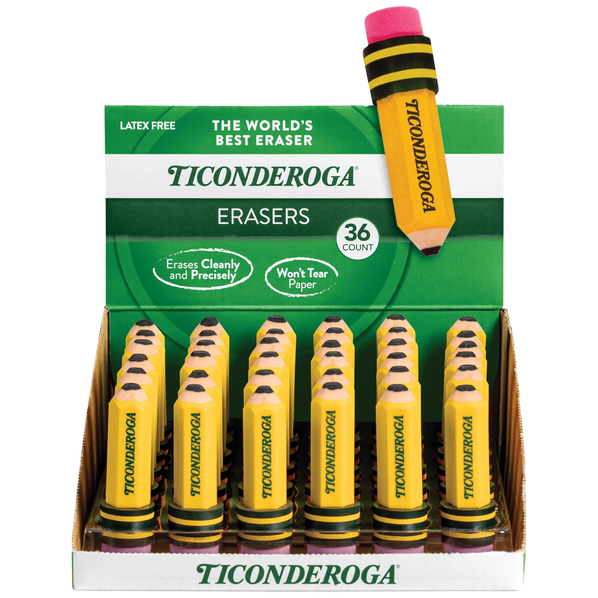 Ticonderoga Pencil Shaped Erasers Yellow 36-Pack | Smudge-Free Corrections