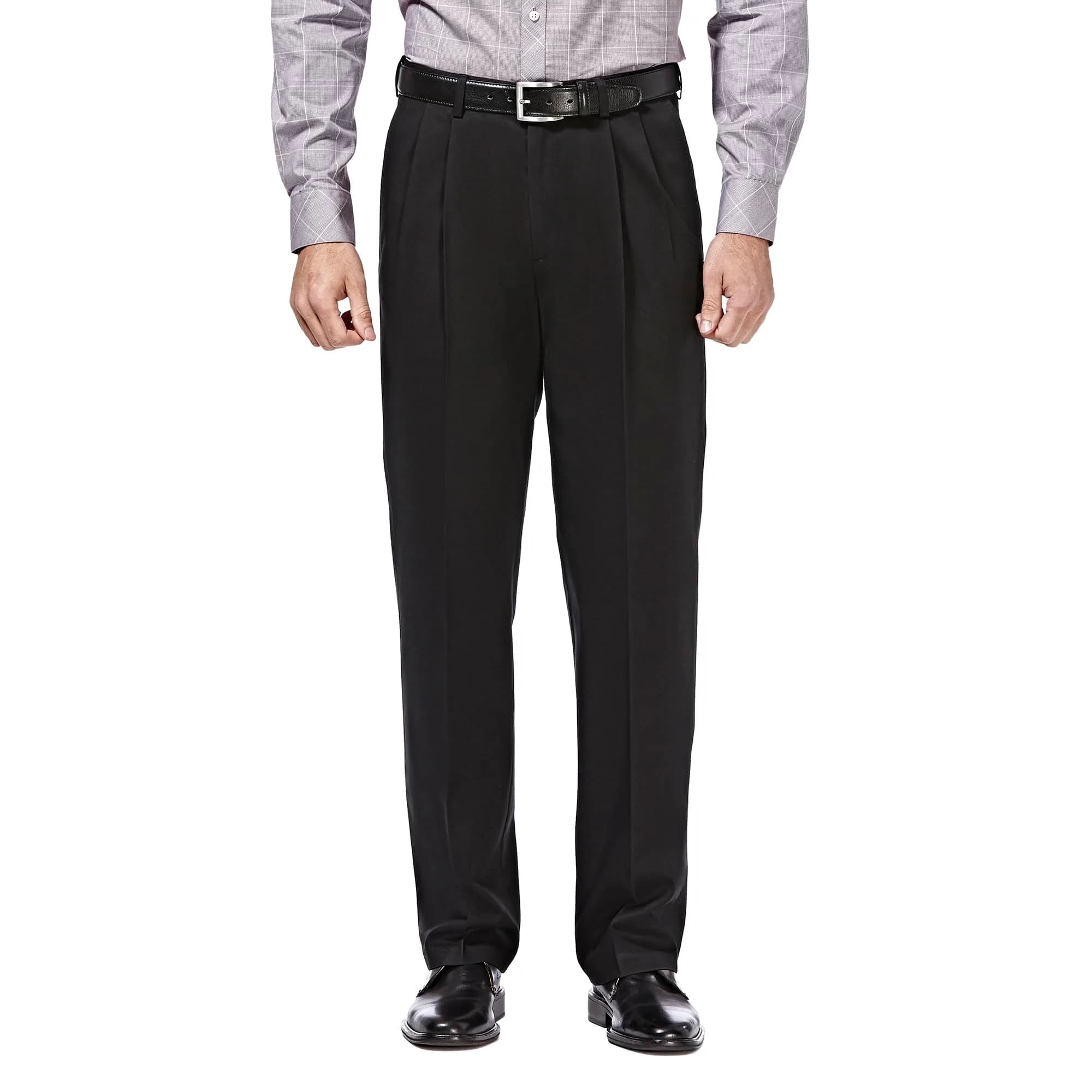 Haggar Men's Classic Fit Premium No Iron Khaki Pleated Pant | Stretch Cotton Blend, Hidden Expandable Waistband, Business Casual for Men