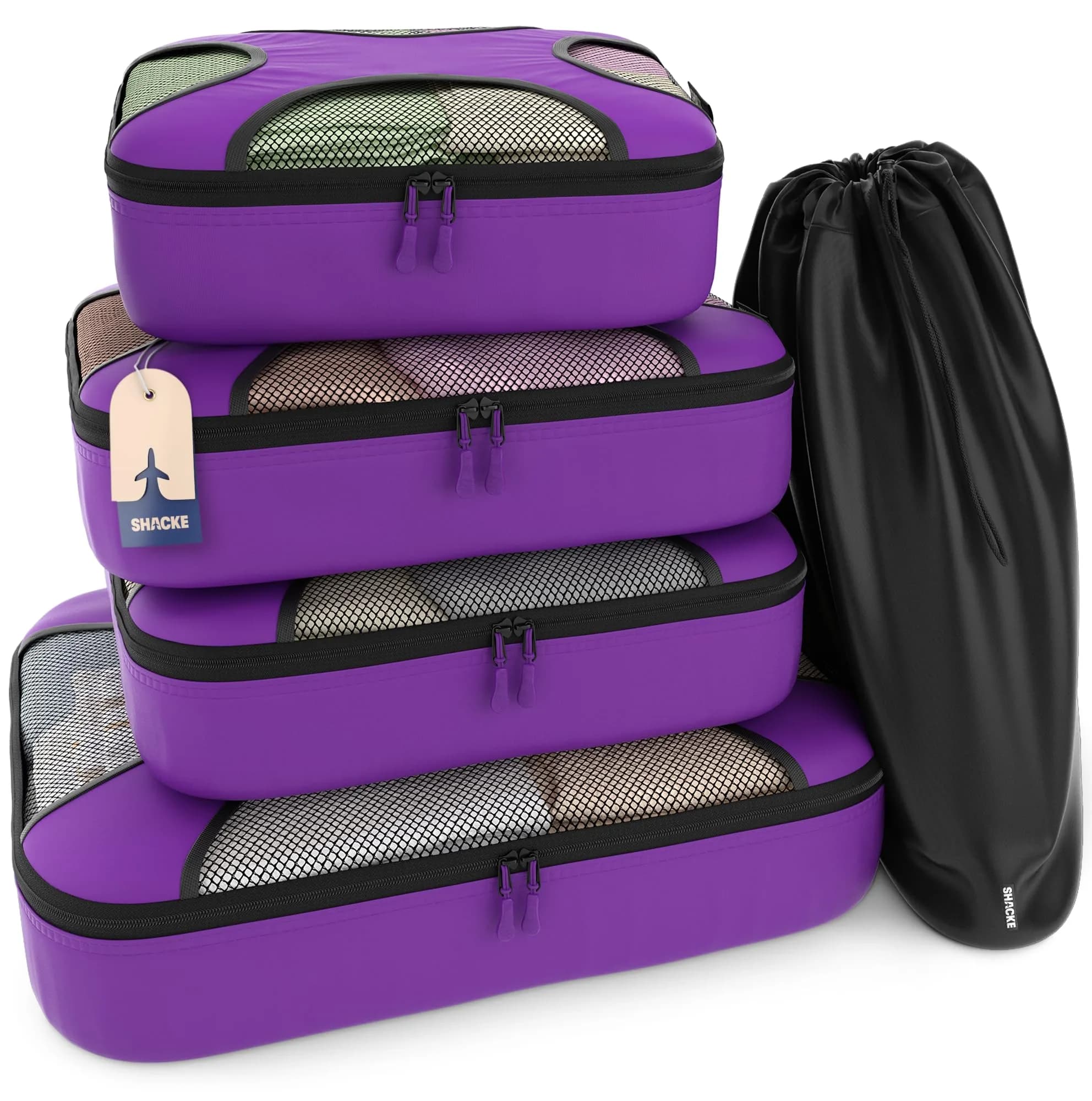 Shacke Packing Cubes for Travel with Laundry Bag, 5-Piece Set, Orchid Purple | Structured & Stackable Luggage Organizers