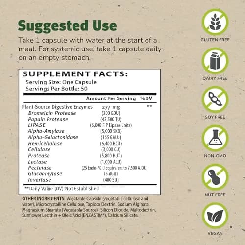 ENZALASE Probiotic Enzymes 50 Capsules | Digestive Boost & Gas Relief, Gluten Free, 150 Servings thumbnail 2