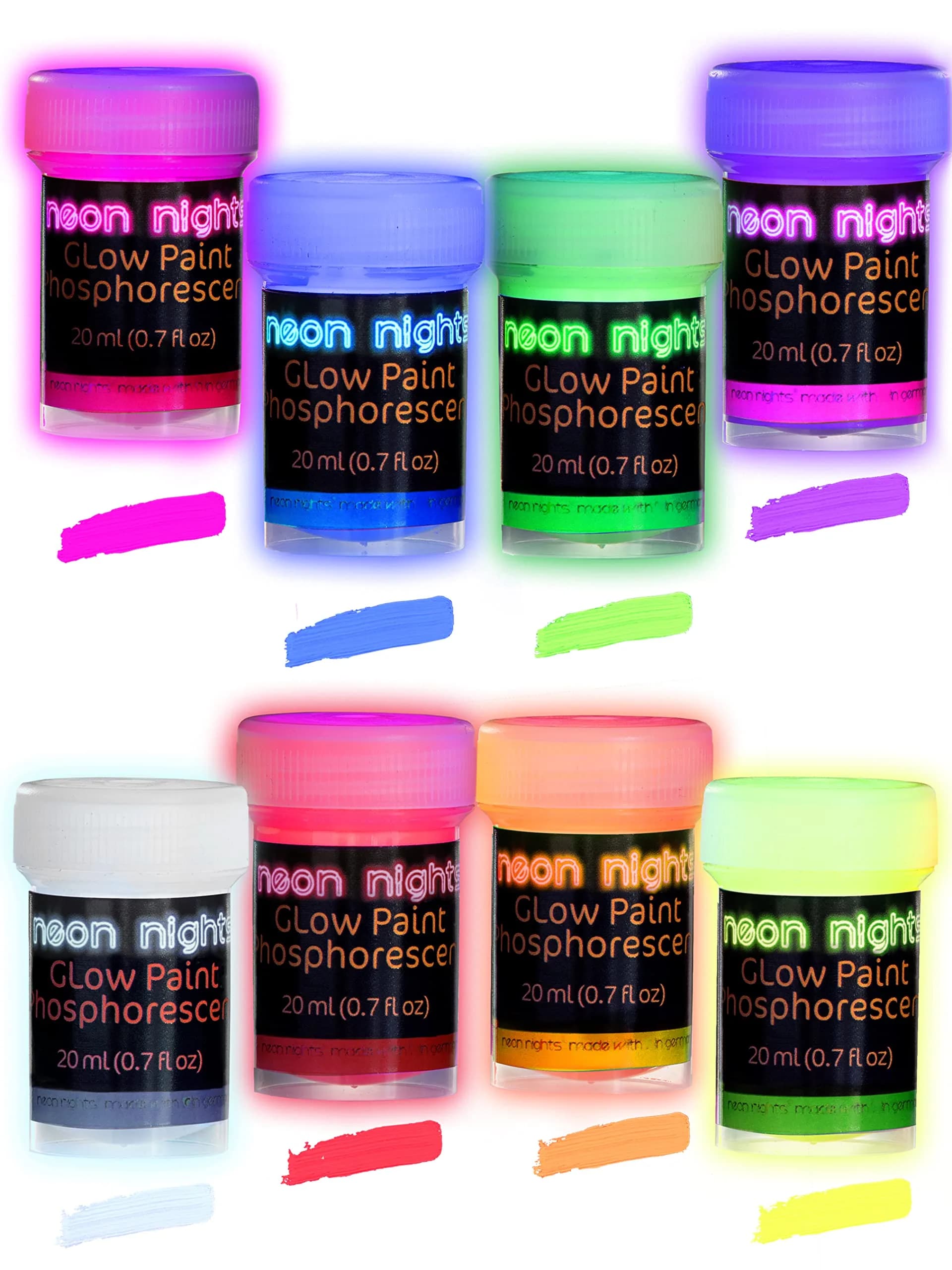 neon nights Glow in The Dark Acrylic Paint Set | 8 x 20ml (0.7 fl oz) Bottles | Vibrant Neon & Luminescent Colors — Glow-in-the-Dark Paint