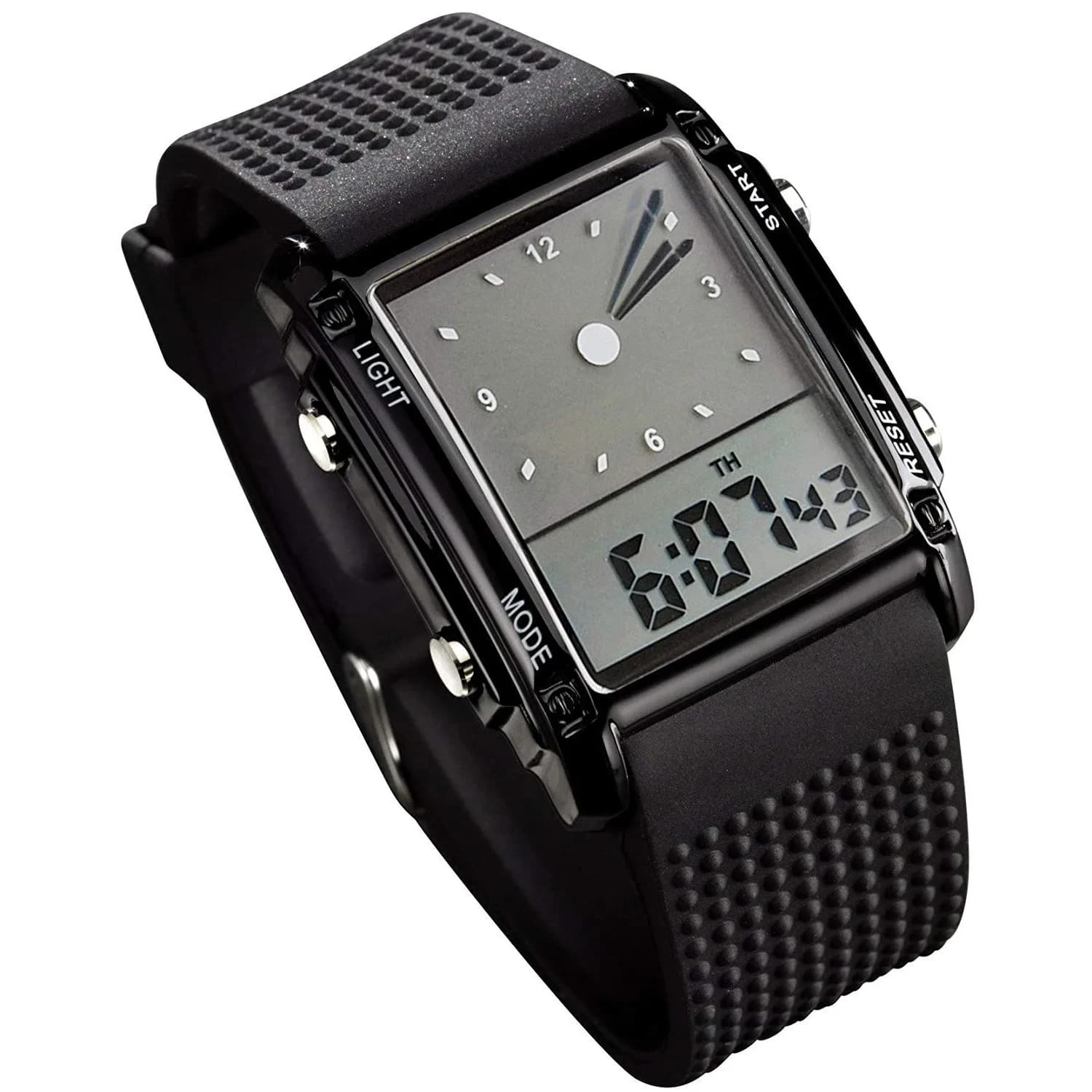FANMIS Men's Rectangle Analog Digital Sports Watch 34mm Black | Dual Time Zone LED Backlight — Black