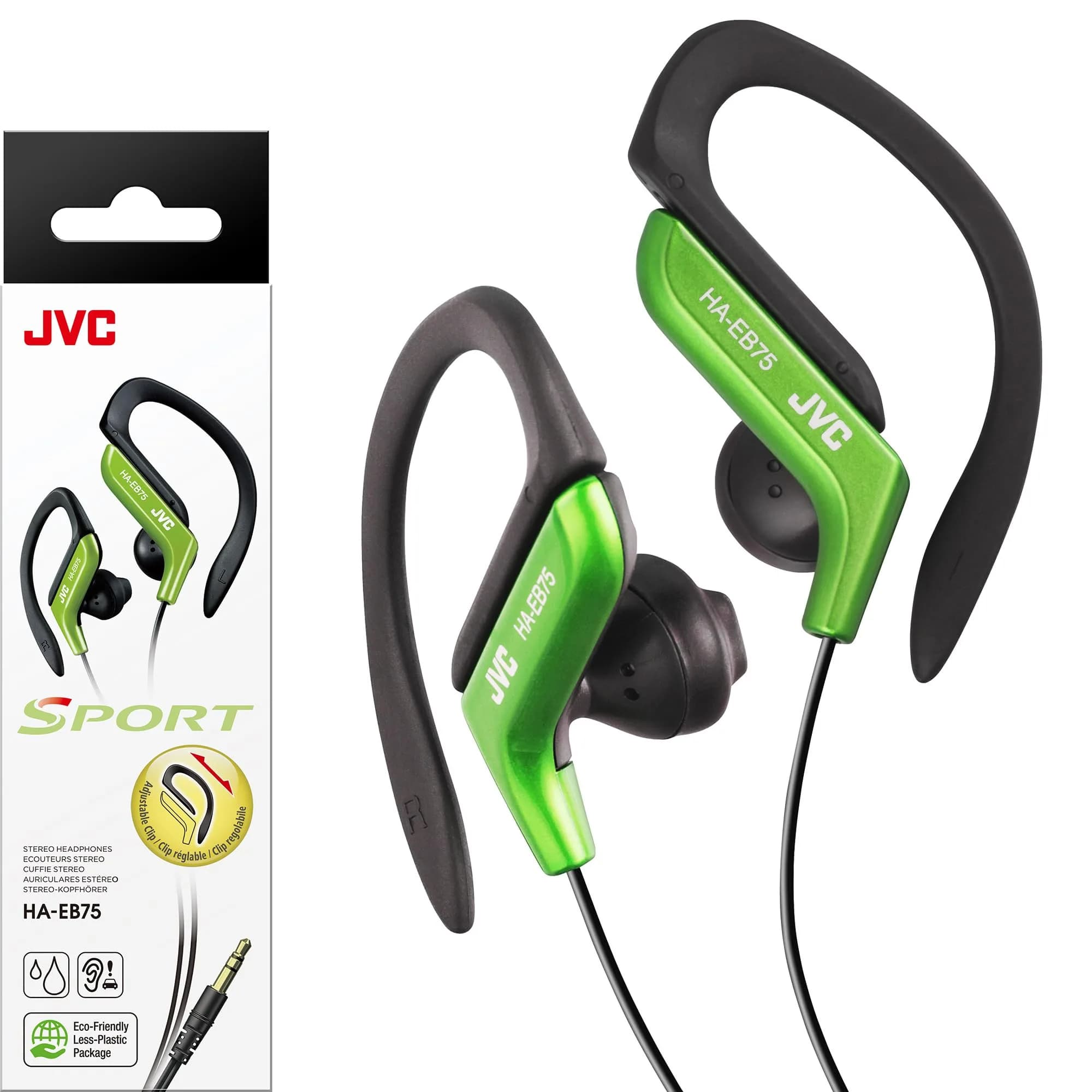 JVC Sports Clip Headphone Black | Adjustable Earclip, Splash-Proof, 13.5mm Driver — Green