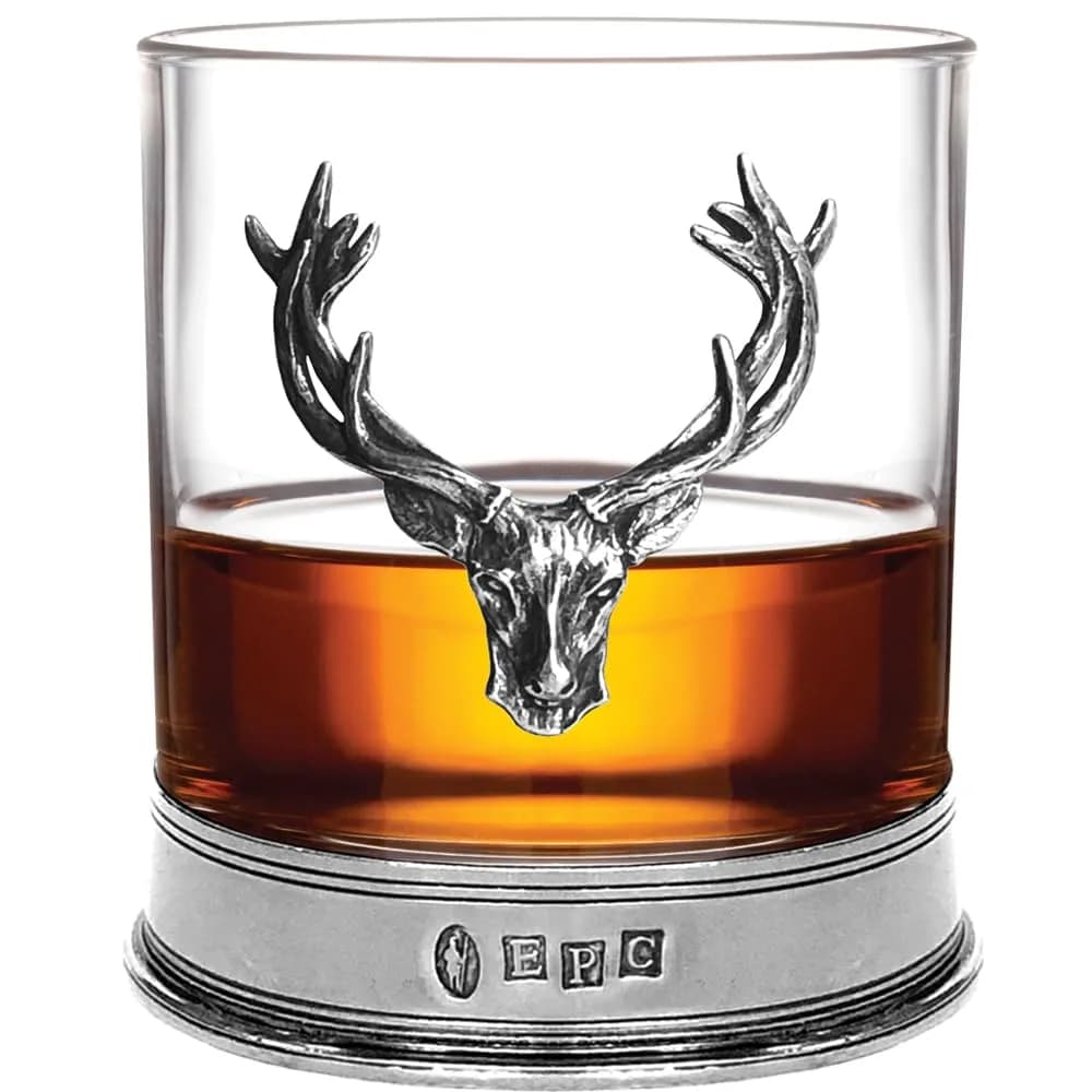 English Pewter Company 11oz Old Fashioned Whisky Rocks Glass with Stag Deer Head Pewter Base - main product image