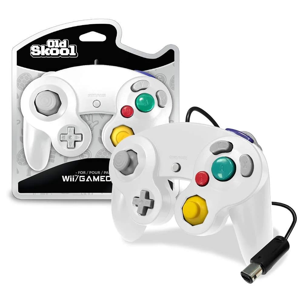 Old Skool Silver Wired Controller Compatible with GameCube/Wii | 1.8m Cable, Rumble Vibration — White